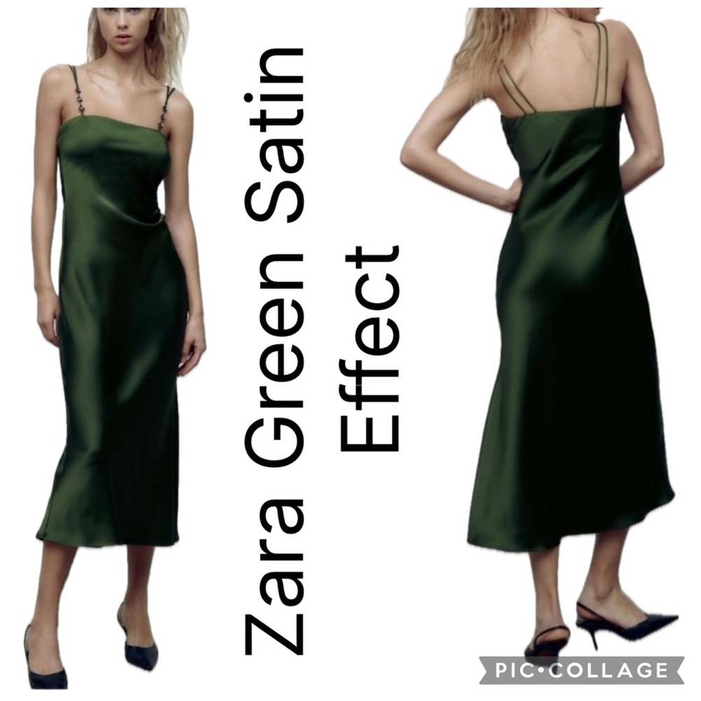 (R7) Zara green satin-effect jewel strap dress, size S